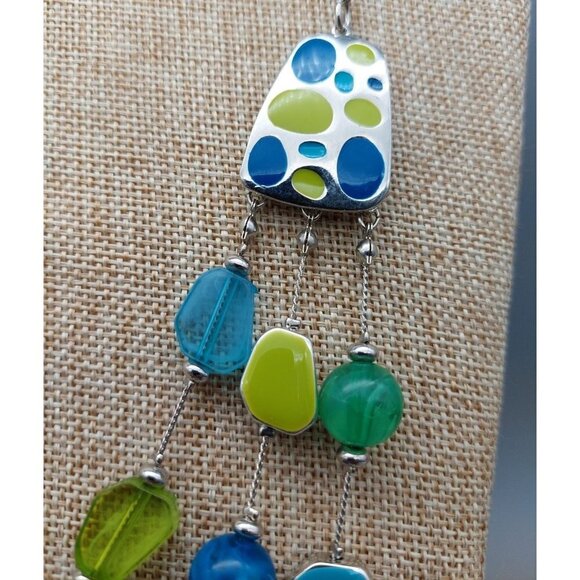 Cute & Colorful Multi Strand Silver Tone Statement Necklace Blue & Green Beads - Picture 8 of 9